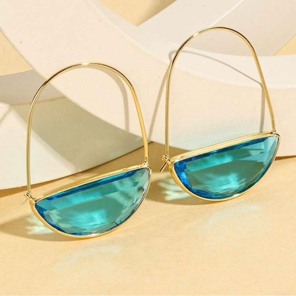 Gold and Blue Faceted Glass Hoop Earrings - Picture 2 of 5